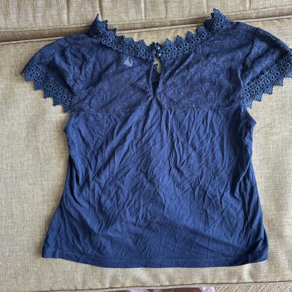 Venus Blue Blouse‎ Women's Embroidery Lace Short Sleeve V Neck Keyhole Viscose L - Picture 10 of 13